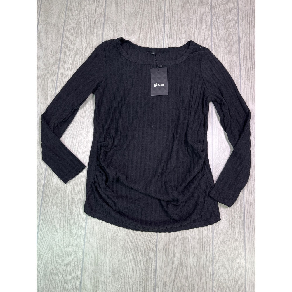 Ficerd Maternity Top Black Ribbed Long Sleeve Ruched Side Scoop Neck Size M NWT